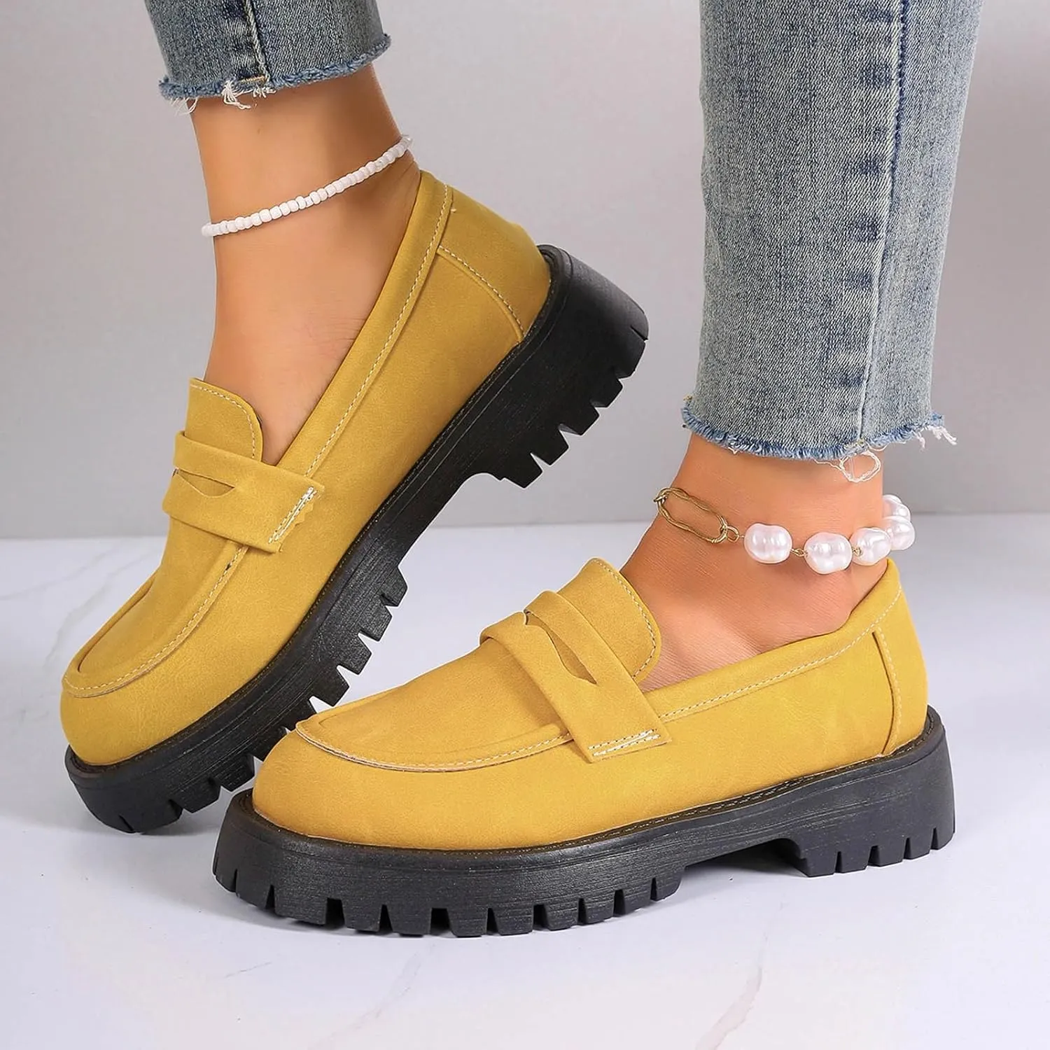 Chunky Loafers Women Wide Slip On Shoes Comfortable Platform Loafers Leather Lug Sole Loafers Casual Penny Loafers