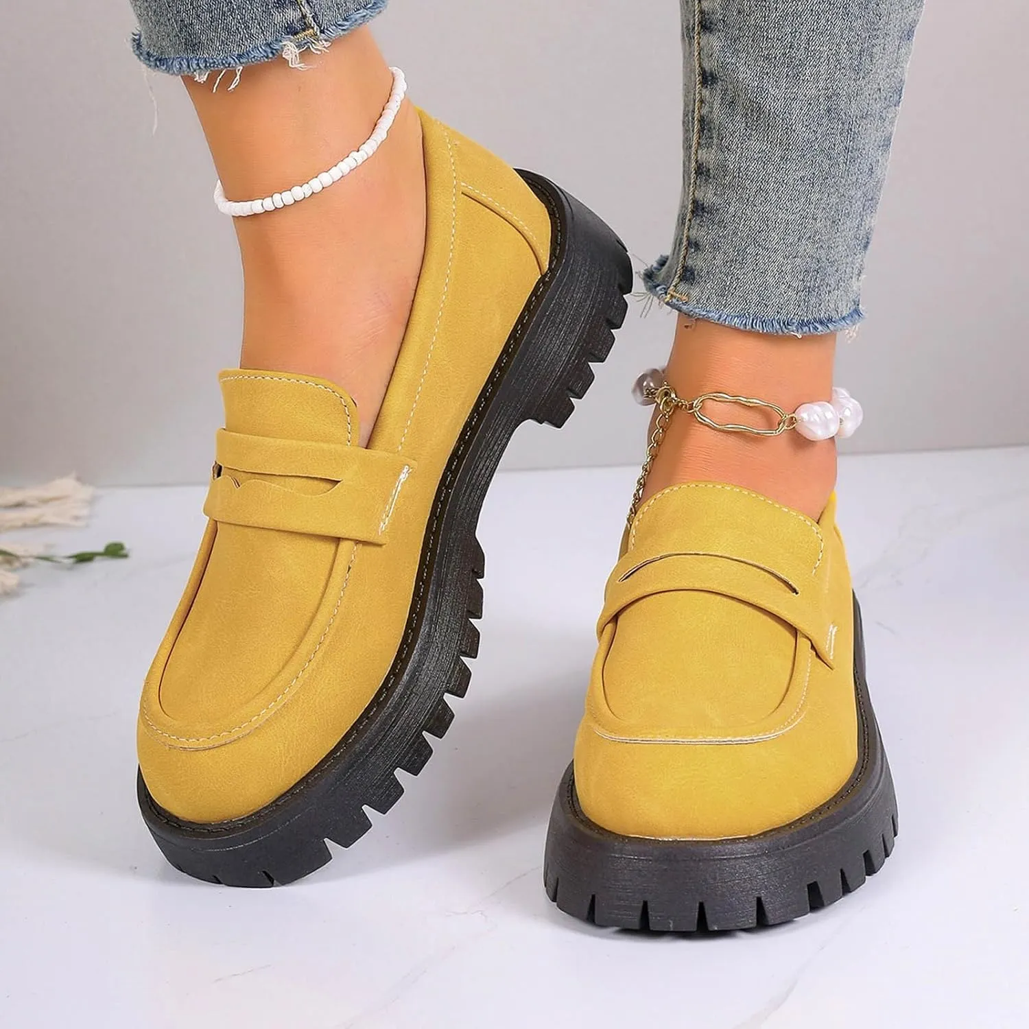 Chunky Loafers Women Wide Slip On Shoes Comfortable Platform Loafers Leather Lug Sole Loafers Casual Penny Loafers
