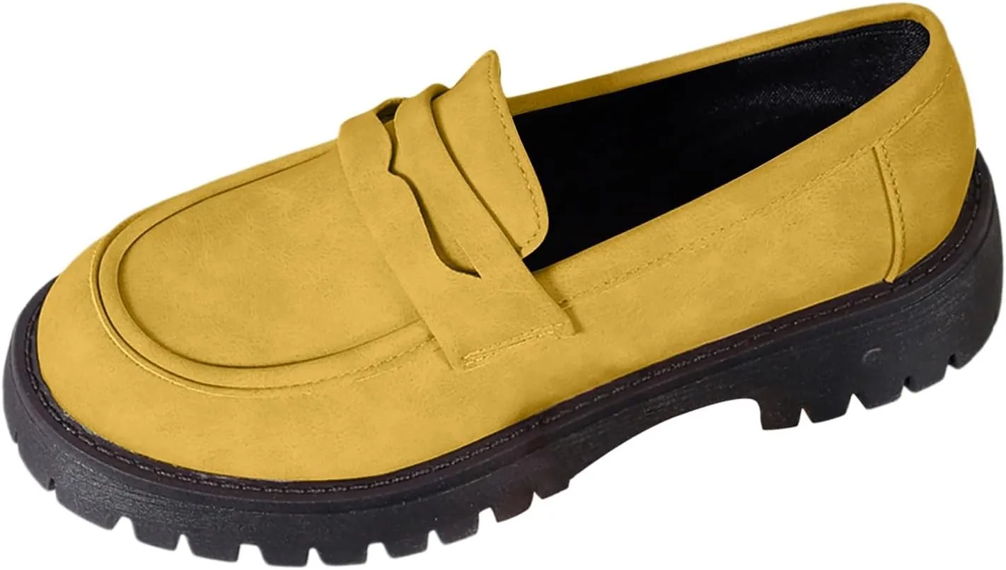 Chunky Loafers Women Wide Slip On Shoes Comfortable Platform Loafers Leather Lug Sole Loafers Casual Penny Loafers