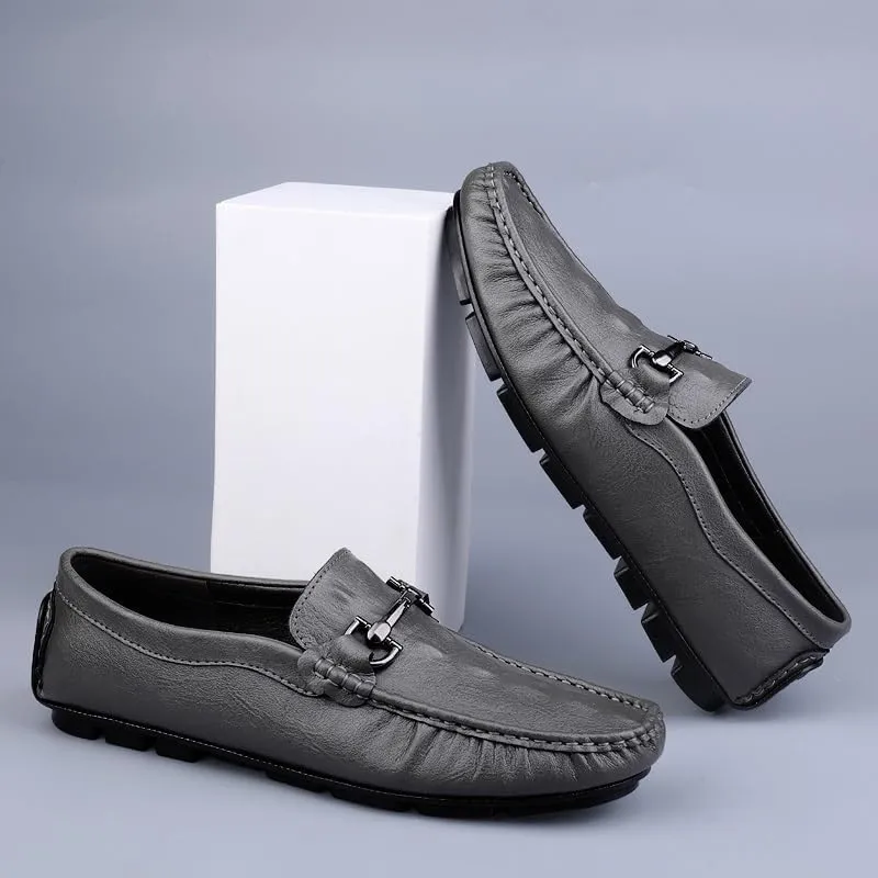 Men's Loafers - Lightweight Leather Slip-Ons with Round Toe, Crocodile Print, Flexible Flat Heel, Casual Driving Loafers, Anti-Slip Design