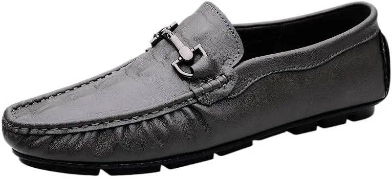 Men's Loafers - Lightweight Leather Slip-Ons with Round Toe, Crocodile Print, Flexible Flat Heel, Casual Driving Loafers, Anti-Slip Design