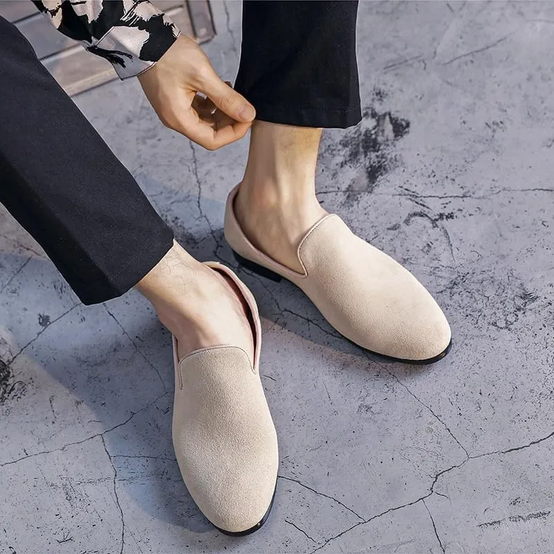 Men's Loafers - Lightweight Nubuck Leather Slip-Ons with Pointed Toe, Flexible Flat Heel, Casual & Party Wear, Comfortable Smoking Loafers