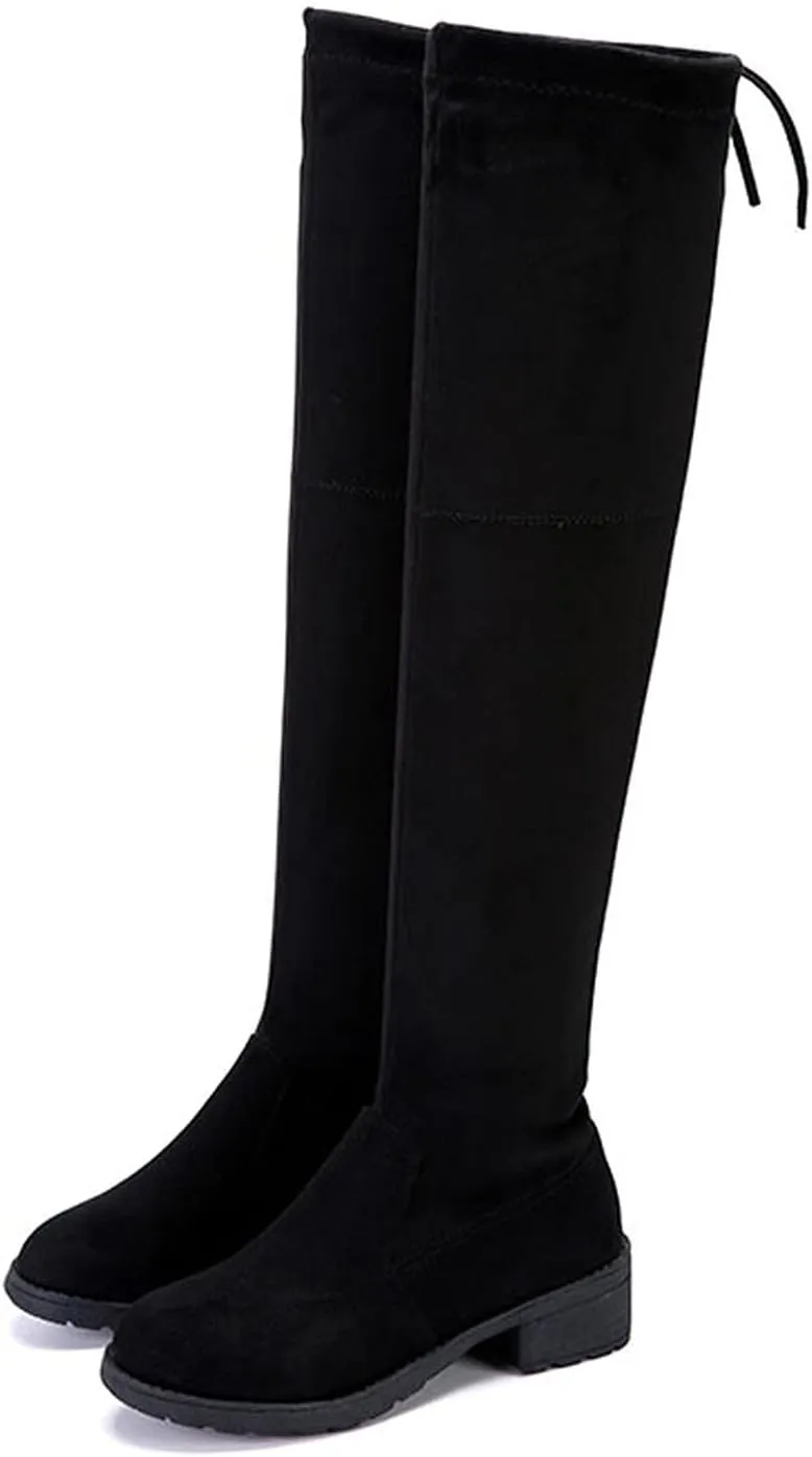oiangi Womens Chunky Thigh-High Boots Fashion Winter Solid Color Round Toe Lace-up Low Square Heel Over-the-knee Boots Trendy Long Boots Shoes for Women