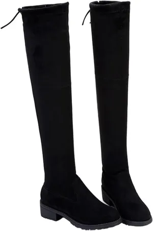 oiangi Womens Chunky Thigh-High Boots Fashion Winter Solid Color Round Toe Lace-up Low Square Heel Over-the-knee Boots Trendy Long Boots Shoes for Women