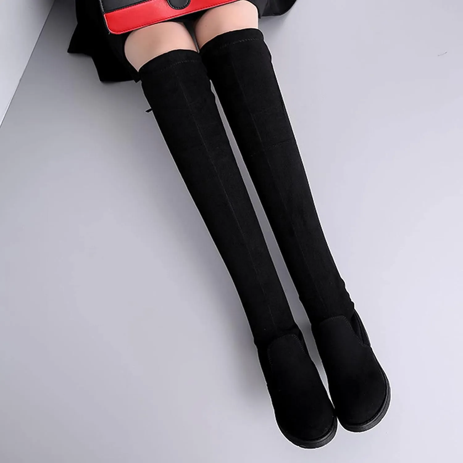 oiangi Womens Chunky Thigh-High Boots Fashion Winter Solid Color Round Toe Lace-up Low Square Heel Over-the-knee Boots Trendy Long Boots Shoes for Women