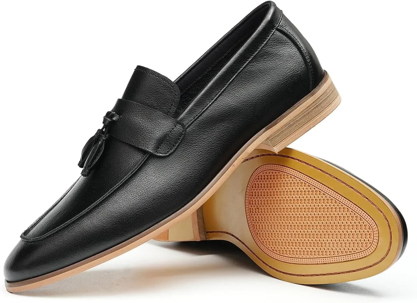 Santimon Mens Tassel Loafers Genuine Leather Slip-On Shoes Breathable Black & Light Gray Business Formal Dress & Prom Dress Shoes