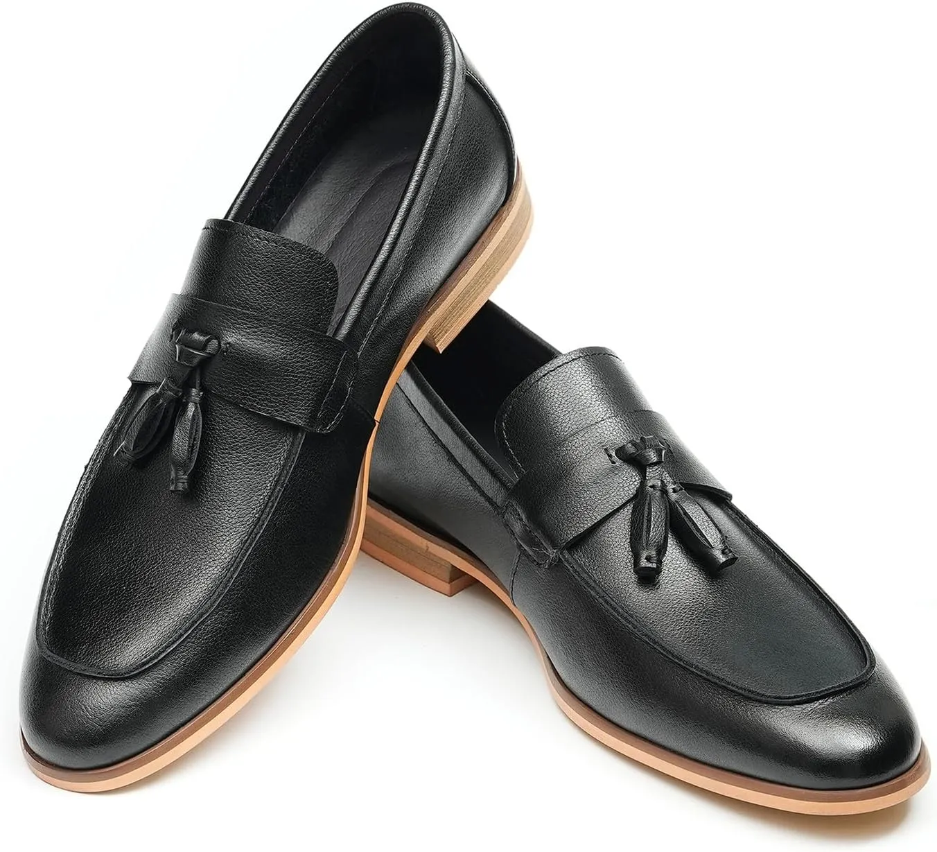 Santimon Mens Tassel Loafers Genuine Leather Slip-On Shoes Breathable Black & Light Gray Business Formal Dress & Prom Dress Shoes