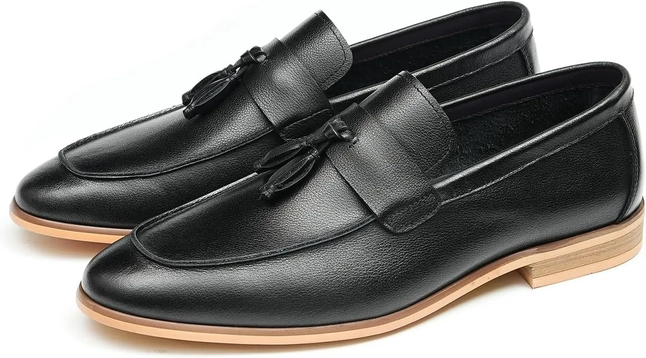 Santimon Mens Tassel Loafers Genuine Leather Slip-On Shoes Breathable Black & Light Gray Business Formal Dress & Prom Dress Shoes